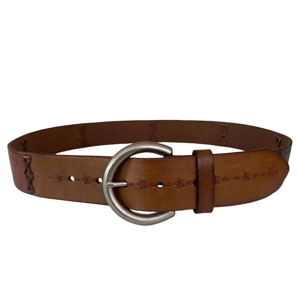 Vintage 90s Fossil Genuine Leather Embossed Stitched Belt Size Medium